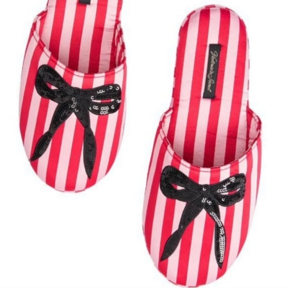 NWT Size 7/8 Victoria's Secret Iconic Red & Pink Strips W/ Sparkly Bow Slippers - Picture 4 of 16